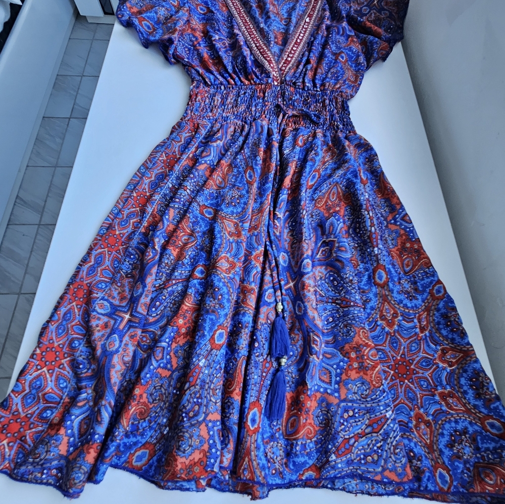 Art Silk Made In India Purple & Red Jeweled Smoked Boho Flutter Sleeve Dress - Picture 10 of 14